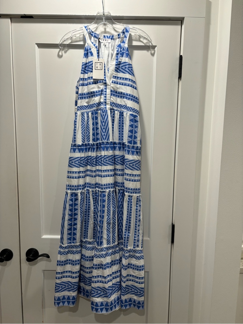 Anthropologie THML NEW Halter Maxi Dress Blue White Geo Border Print Women XS